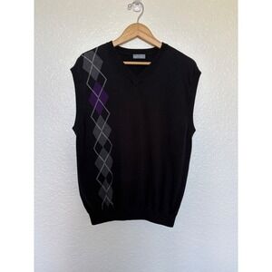 Alan Flusser Golf Mens L Black Argyle V-Neck Cotton Sweater Vest Purple Grey